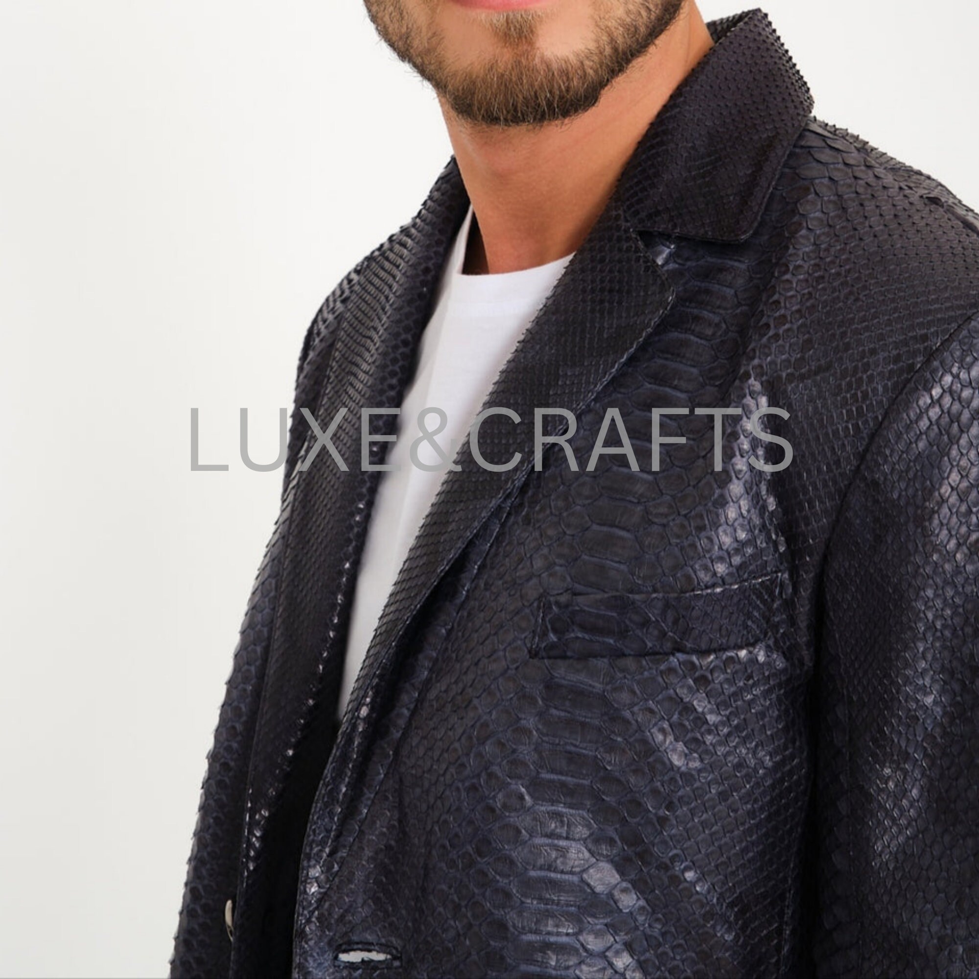 Men's Black Python Print Solid Casual Tailored Business Leather Blazer ...