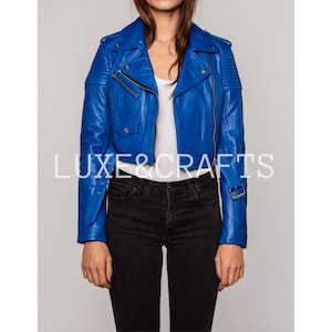 Damen Royal Blue Slim Fit Crop Motorrad Biker Lederjacke, Damen Blau Lederjacke, Damen Blau Bikerjacke, Blaue Lederjacke