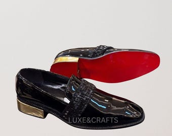 Men's Bespoke Handmade Italian Black Patent Luxury Genuine Leather Tuxedo Moccasins with Gold Heel, Men's Black Groom Wedding Tuxedo Shoes