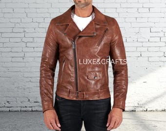 Men Black Solid Casual Tailored Color Blocked Motorcycle Biker Leather Jacket with White Leather Patches ,Men Black Leather Jacket.