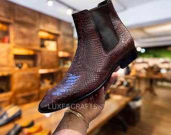 Men's Bespoke Handmade Italian Cut Python Cobra Textured Square Toe High Ankle Genuine Leather Chelsea Boots, Brown Python Scaled Chelsea