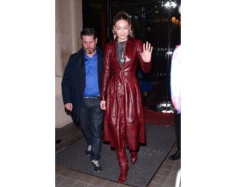 Gigi Hadid Dark Maroon Premium Solid Party Wear Single Breasted Leather Trench Coat / Long Coat with Leather Petite Belt - from luxe&crafts