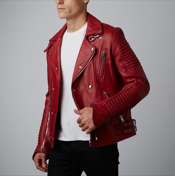 Motorrad Lederjacke Rot Lederjacke Bikerjacke Herren Leather