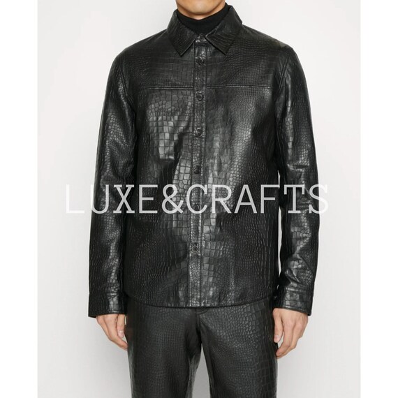 Men's Black Crocodile Print Casual Motorcycle Biker Leather Shirt, Men's Black  Leather Shirt, Men's Croc textured Leather shirt, Men Jacket