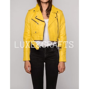 Women&#39;s Light Yellow Cropped Slim Fit Motorcycle Biker Genuine Leather Jacket, Women&#39;s Yellow Leather Jacket, Women&#39;s Yellow Biker Jacket