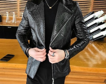 Chaqueta de motociclista de cuero con estampado de pitón negro para hombre, chaqueta de cuero con relieve de pitón negro para hombre, chaqueta de pitón negra para hombre