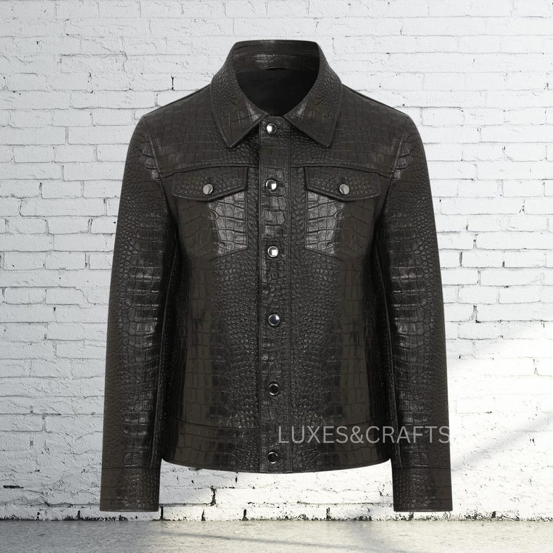 Men's Black Croc Embossed Effect Motorcycle Biker Genuine Lamb