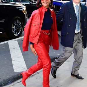 Naomi Scott Red Solid Casual Tailored Motorcycle Biker Bomber Style Womens Leather Jacket, Women Red Bomber Jacket - Celebrity Edition