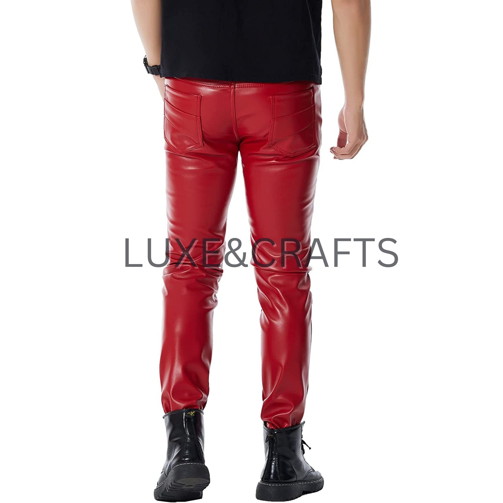 Mens New Style Black & Red Cow Leather Front & Side Laced Biker Trousers Pants - SLJ2