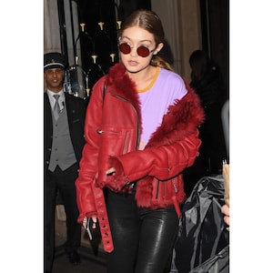 Gigi Hadid Red Premium Solid Casual Tailored Stylish Outdoor Leather Jacket with Red Fur Trim Inside - Celebrity Edition