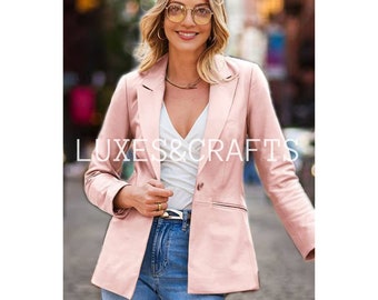 Women's light pink real Leather Business Blazer/Coat | Blazer, Women's light pink Leather Jacket, Women's pink Leather Coat,-Luxe & crafts
