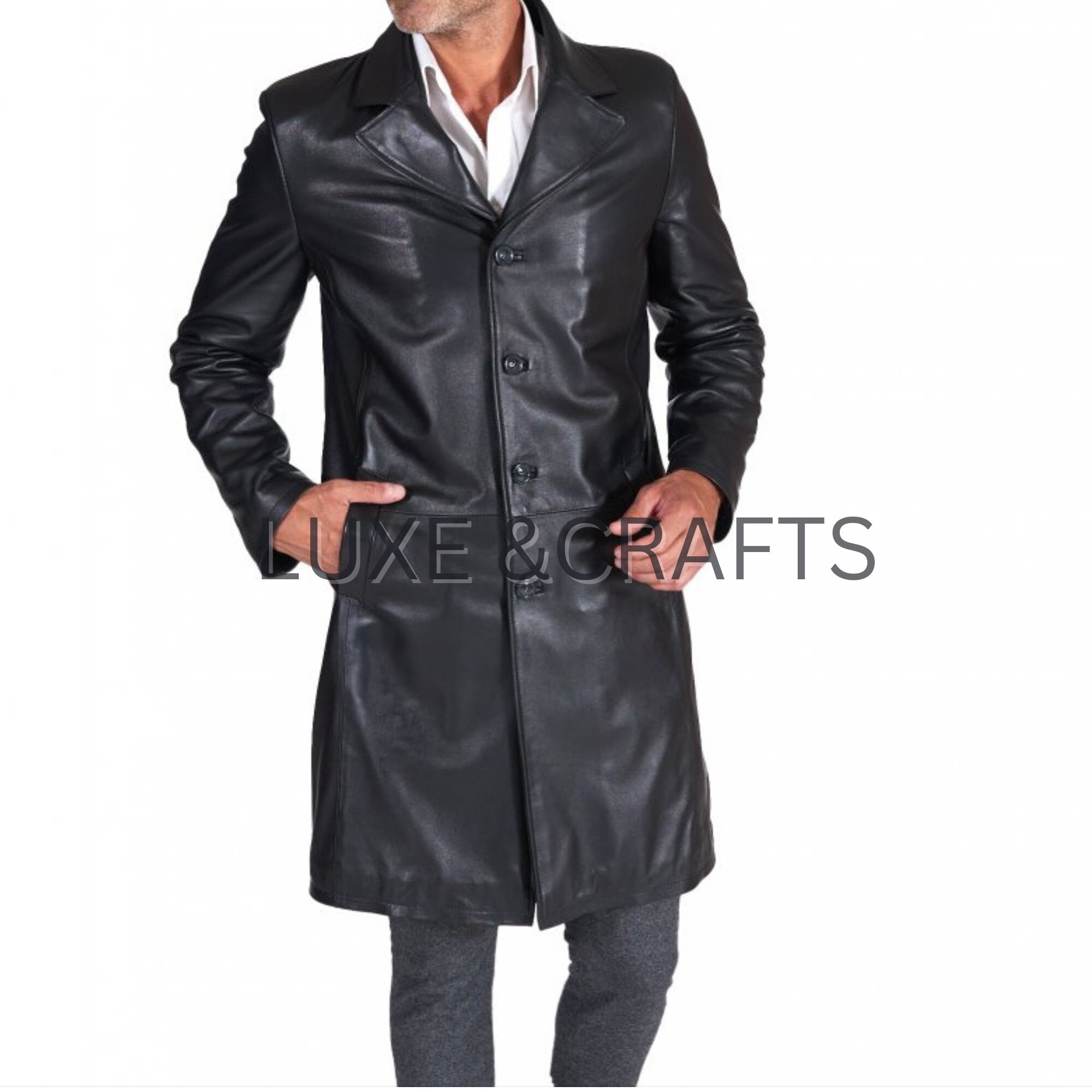 Men's Black Solid Casual Single Breasted Leather Trench Coat Men's Black Solid Casual Single Breasted Leather Trench Coat
