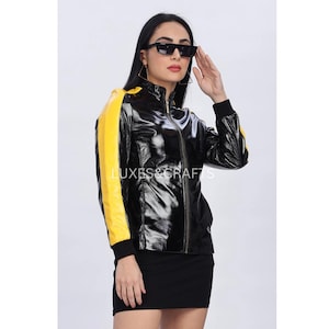 Womens Yellow Black Patent Color Blocked Effect Motorcycle Biker Genuine Lamb Leather Jacket, Black Patent Leather Jacket, Yellow Jacket