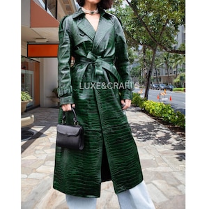 Women&#39;s Green Crocodile Alligator Textured Genuine Leather Belted Trench Coat/Long Coat, Woman Cactus Green Croc Emboss Leather Trench Coat