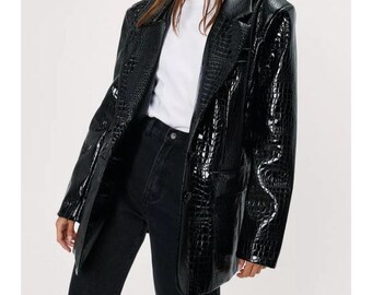 Womens Black Patent Vinyl Effect Croc/Alligator Emboss Tailored Longline Genuine Leather Blazer Coat, Women's Black Croc Leather Blazer Coat