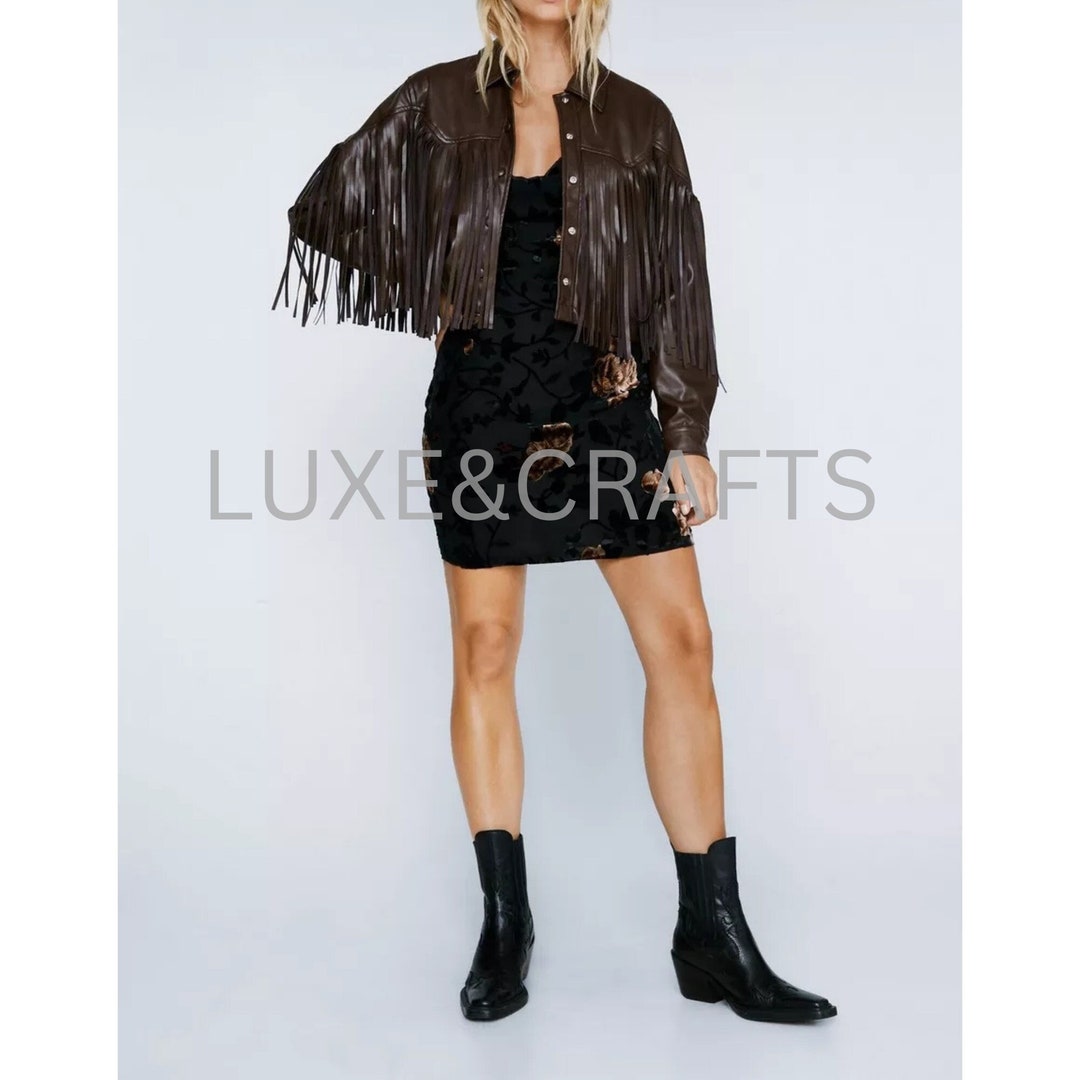 Women's Chocolate Brown Fringe Solid Casual Leather Jacket, Women's