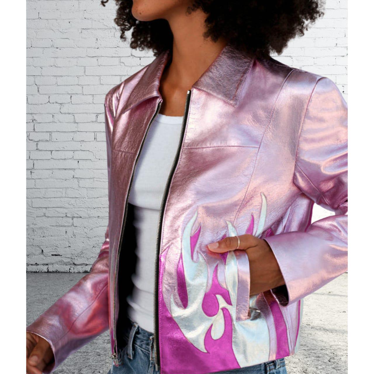 Womens Pink Metallic Foil Effect Genuine Leather Jacket With