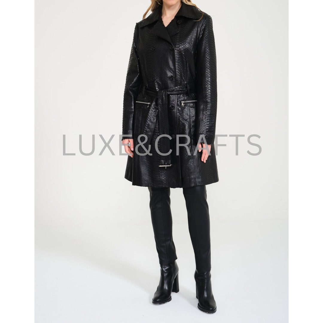 ジャケット・アウター unknown black pythons long coat Women's Black Python Embossed Solid Casual Single Breasted