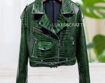 Women's Cactus Green Croc Emboss Effect Black Tipped Motorcycle