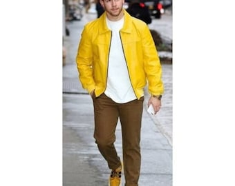 Nick Jonas Yellow Shirt Collar Bomber Leather Jacket - Celebrity Edition