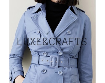Women's Blue Solid Casual Double Breasted Leather Trench Coat/Long Coat with Waist Belt, Women's Blue Leather Long Coat