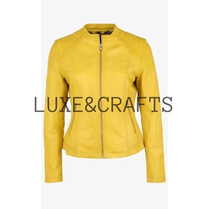 Gelbe solide lässige Motorrad-Biker-Lederjacke für Damen, gelbe Lederjacke für Damen, gelbe Bikerjacke für Damen, Lederjacke