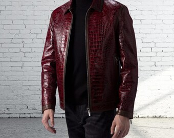 Mens Maroon Red - Black Croco Embossed Effect Two Tone Slim Fit