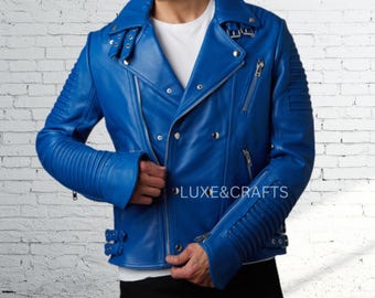 Men's Royal Blue Double Breasted Slim fit Motorcycle Biker Genuine Lambskin Leather Jacket, Blue Biker Leather Jacket, Blue Leather Jacket