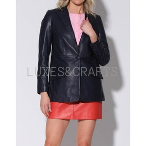 Women&#39;s Black Solid Casual Tailored Leather Blazer, Women&#39;s Black Single Button closure Leather Blazer, Women&#39;s Black Leather Coat.