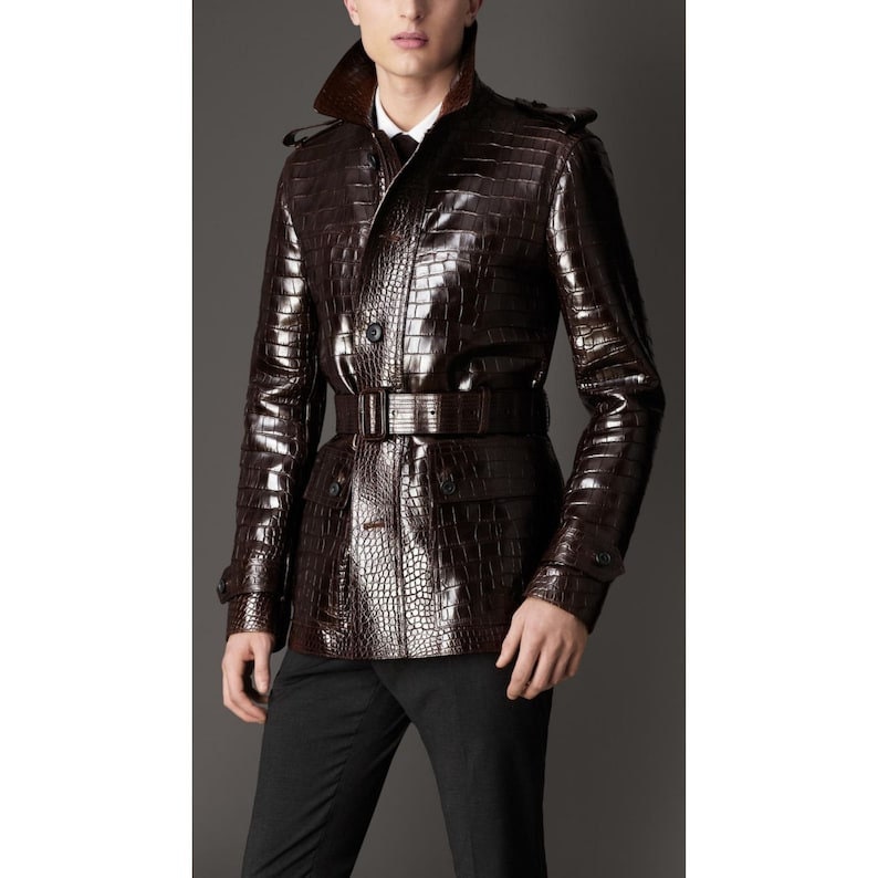 Men s Brown Croc Embossed Effect Leather Trench Coat Men s Brown Crocodile Long Coat Men s Brown Leather Short Coat Croc Leather Jacket Etsy UK