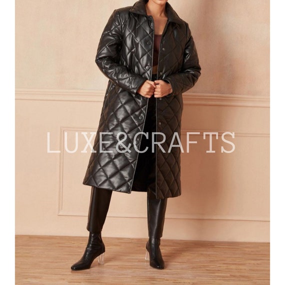 Women s Black Quilted Solid Casual Single Breasted Leather Trench Coat Long Coat Women s Black Leather Long Coat