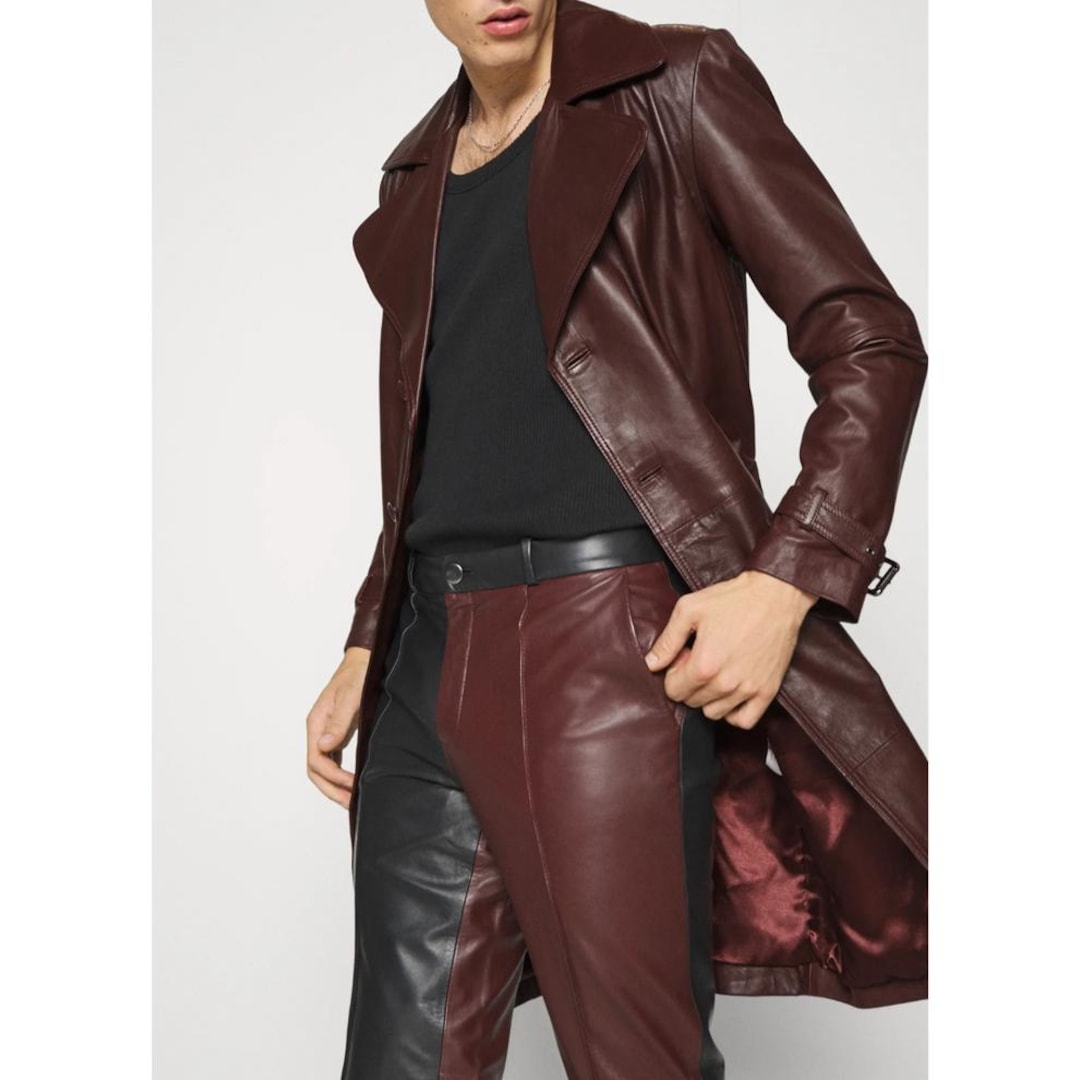 Mens Burgundy Tailored Genuine Leather Trench Coat, Mens Maroon — free download