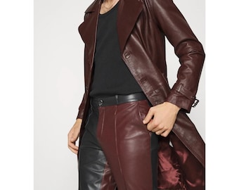Herr vinröd skräddarsydd trenchcoat i äkta läder, herr rödbrun vinröd läderjacka, herr vinröd läderkappa, läderbilkappa för män