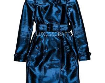 Women's Electric Blue Metallic Foil Effect Double Breasted Genuine Leather Trench Coat/Long Coat, Women's Blue Metallic Leather Trench Coat