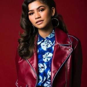 Zendaya &quot;The Greatest Showman&quot; Burgundy Red Cropped Leather Jacket, Women&#39;s Red Leather Jacket, Women&#39;s Burgundy Jacket - Celebrity Edition