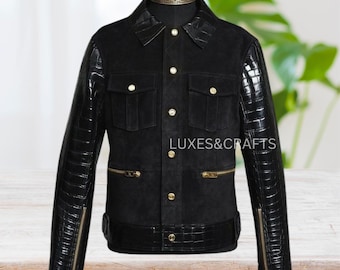 Men's Black Croc Embossed Effect Gold Plated Hardware Motorcycle