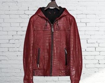 Sudadera con capucha de piel auténtica con efecto de cocodrilo en relieve verde para hombre, Sudadera con capucha de piel auténtica con efecto de cocodrilo en relieve rojo para hombre, Sudadera con capucha de piel