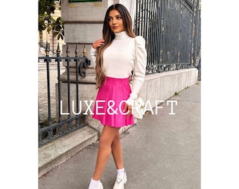 Women's Fuchsia Pink Tailored Lightweight Pleated Leather Skirt