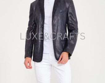 Men's Black Python Print Solid Casual Tailored Business Leather Blazer, Men's Black Python Print Leather Jacket, Men's Black Leather Coat.