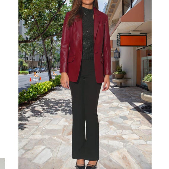 Women's Burgundy Red Slim-fit Business Genuine Leather Blazer