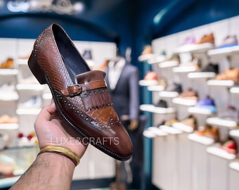Men's Bespoke Italian Brown Hand Painted Python Anconda Cobra Effect Fringed Genuine Leather Moccasin Loafer, Python Leather Loafers Men