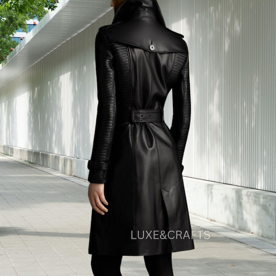 Womens Black Tailored Double Breasted Quilted Sleeves Genuine Leather  Trench Coat/Long Coat, Womens Black Leather Trench, Black Leather Coat