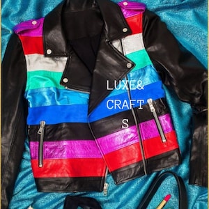 Women&#39;s Black with Rainbow Metallic Foil Effect Motorcycle Biker Leather Jacket, Rainbow Metallic Leather Jacket for Woman, Gift for her