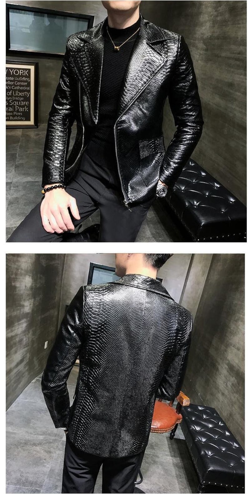 Pu&ograve; includere: Giacca in pelle nera strutturata con chiusura a zip e revers a lancia. La giacca presenta un sottile motivo a forma di rettile ed &egrave; indossata sopra un top nero. L'immagine mostra la parte anteriore e posteriore della giacca.