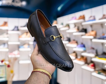 Men's Bespoke Handmade Italian Black Bold Grained Buckled Luxury Genuine Leather Moccasin Loafers, Men's Vintage Black Moccasins Everyday