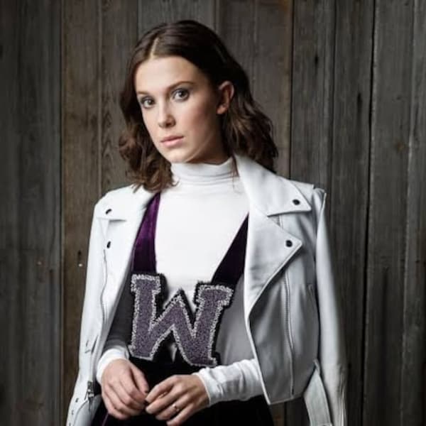 Millie Bobby Brown/Karlie Kloss Women's White Slim Fit Motorcycle Biker Leather Jacket, Women's Pure White Leather Jacket -Celebrity Edition