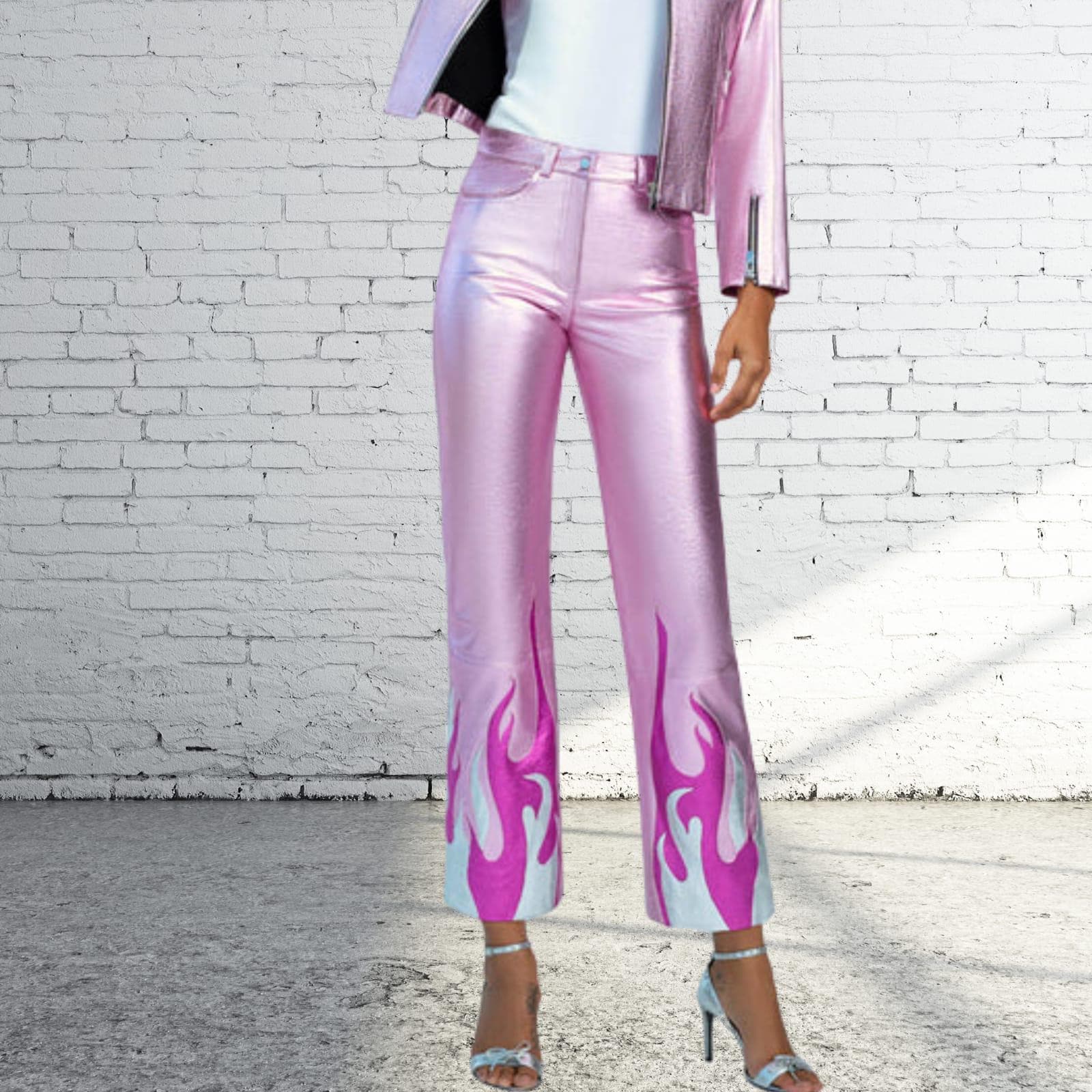 Womens Barbie Pink Metallic Foil Effect Flared Genuine Leather