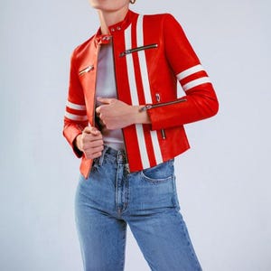 Womens Red - White Stripes Tailored Racer Motorcycle Biker Genuine Lamb Leather Jacket, Women&#39;s Red Leather Jacket, Women&#39;s Red Biker Jacket