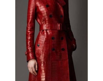 Women Red Crocodile Print Solid Double Breasted Leather Trench Coat, Women Red Alligator Embossed Leather Long Coat, Red Leather Trench Coat