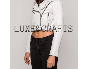 Women's Pure White Solid Casual Motorcycle Biker Leather Jacket,women's White Leather Jacket,Womens White Biker Jacket, White Leather Jacket